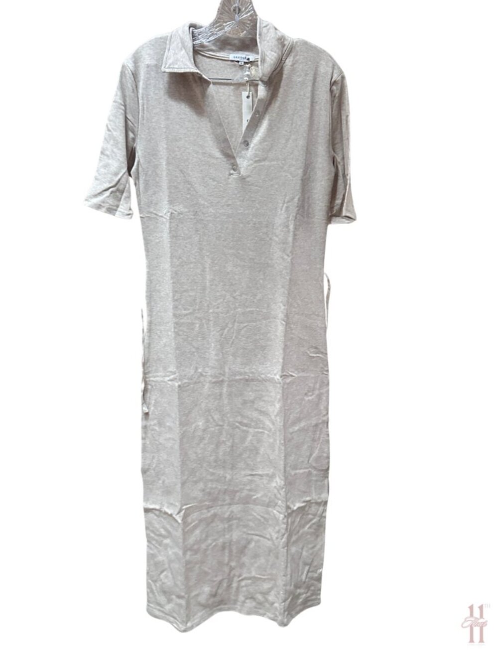 NEW Crescent Heathered Tan Short Sleeve Maxi Polo Dress with Waist Tie - Medium